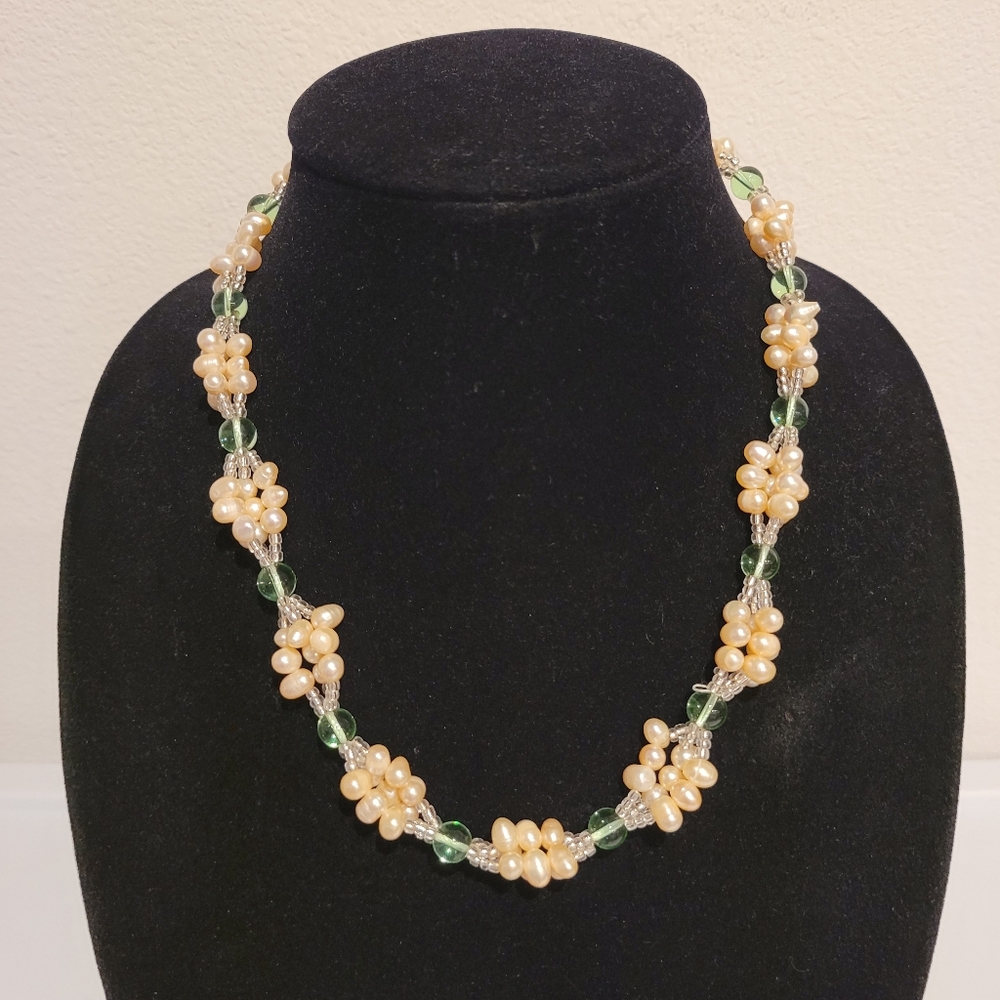 White Fresh Water Floral Design Pearl Accented By Light Blue Glass Bead Neclace